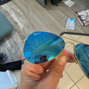 Ray-Ban Gold Frame Sunglasses with Blue Polarized Lenses